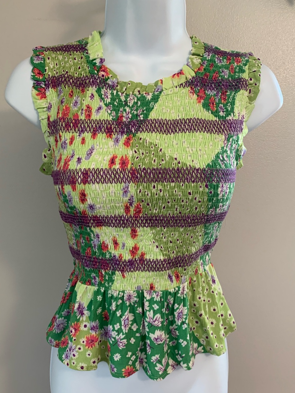 easel Green Floral Smocked Peplum Tank with Purple Stitching